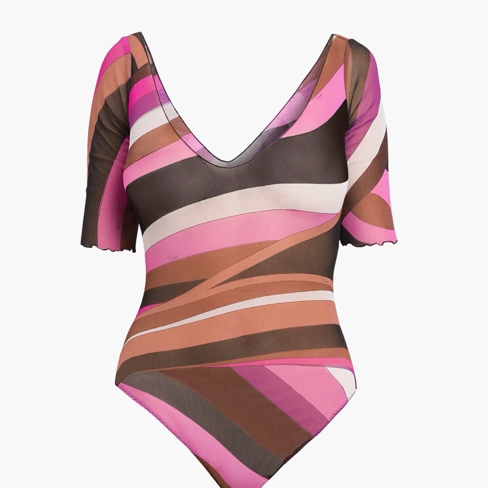 NWT Emilio Pucci Sheer Printed Mesh Bodysuit Pink Brown V-Neck
